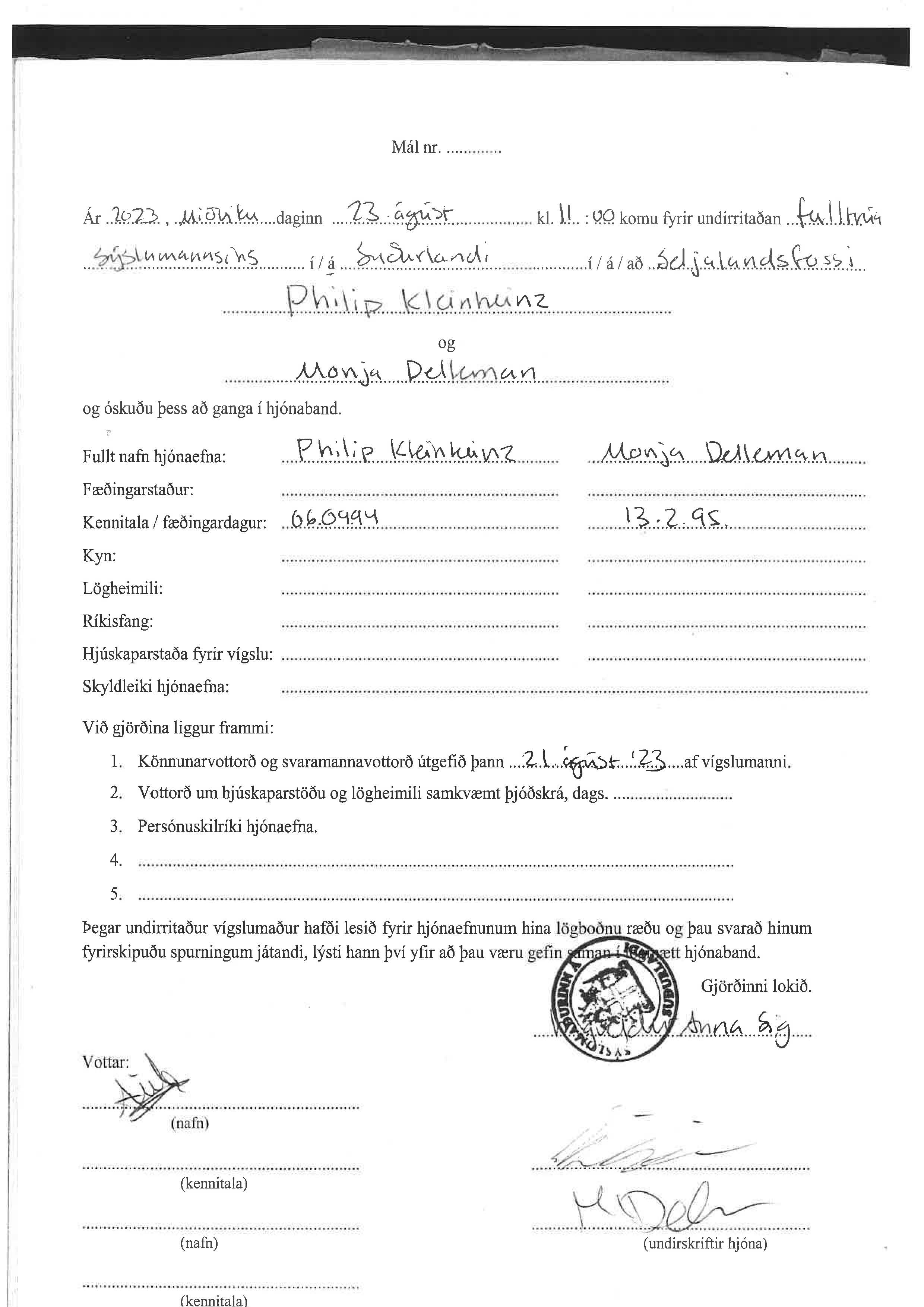 Marriage Document Kleinheinz Iceland